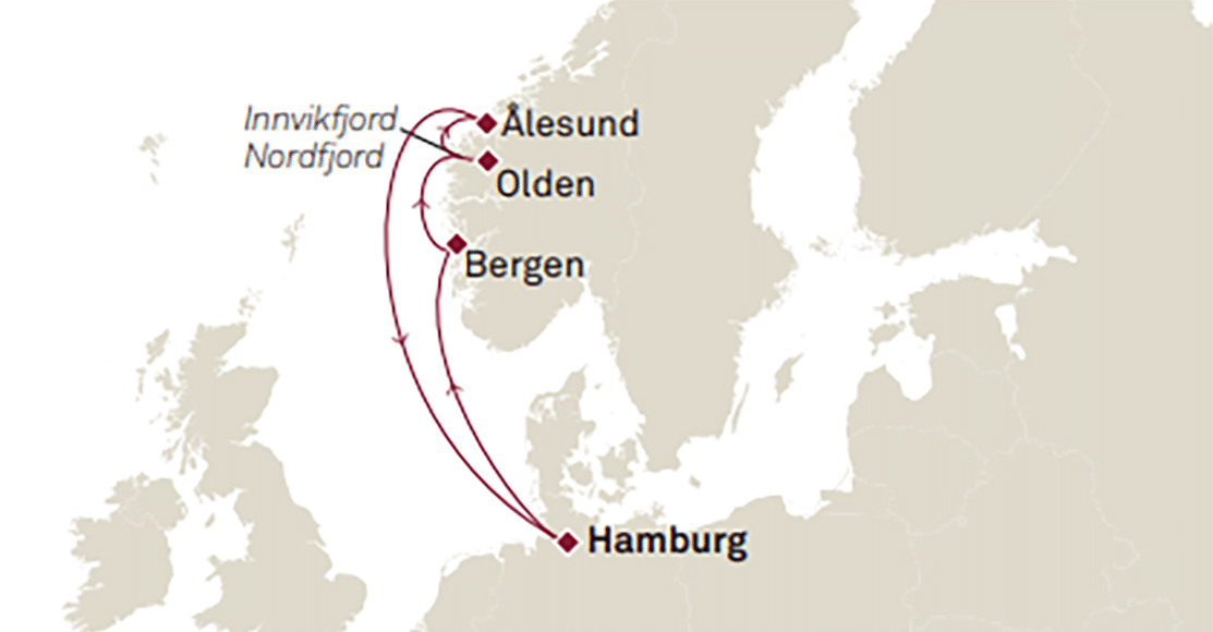 Karte der Route der Queen Mary 2 nach Norwegen: Hamburg - Bergen - Olden - Alesund - Hamburg